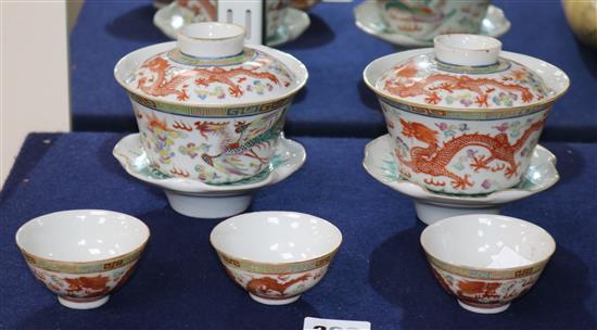 A pair of chinese famille rose dragon and phoenix rice bowls, c.1900 (9 pieces) height 10.5cm